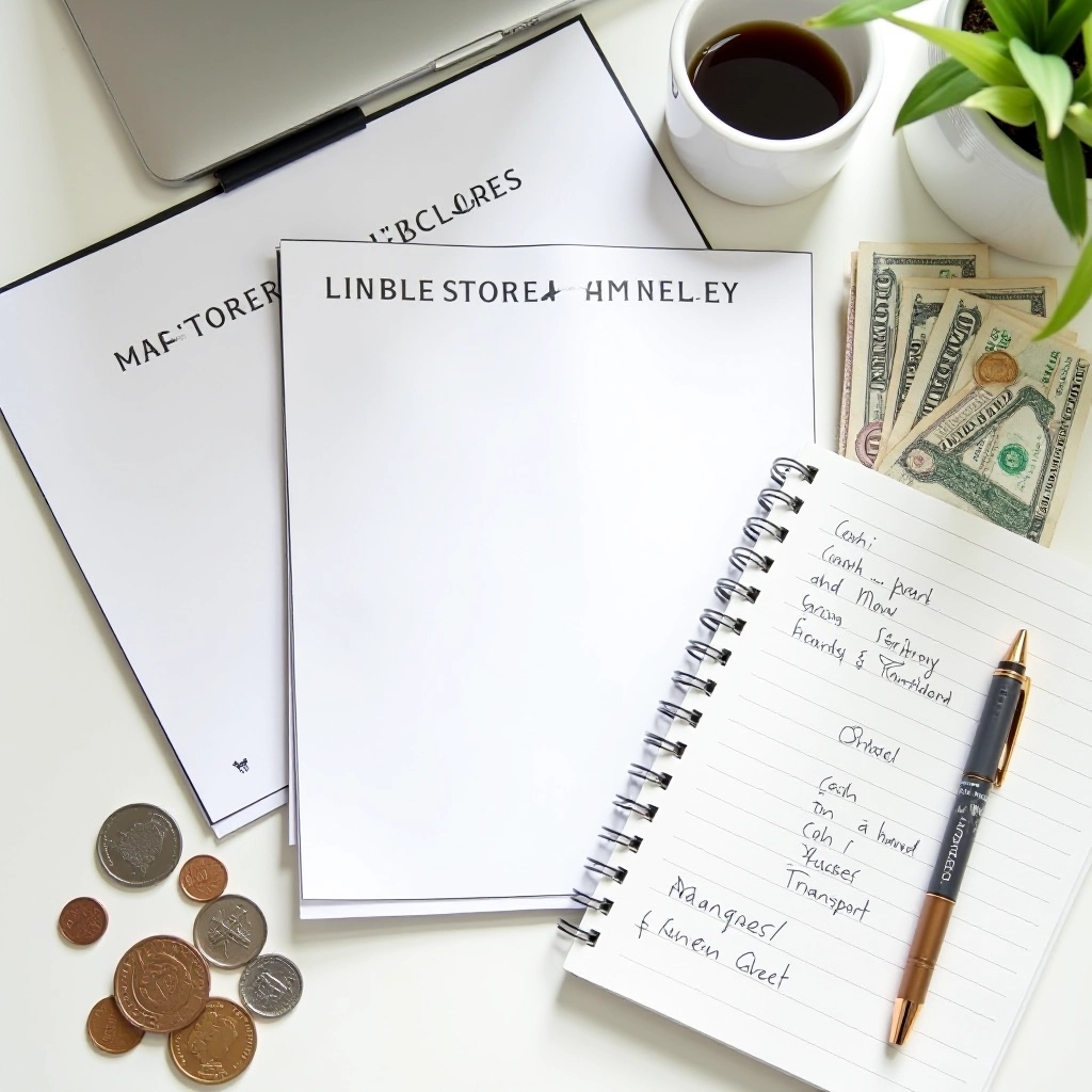CashFlow Envelope Editorial Team workspace with budget planning materials, notebooks, and financial tracking tools on a flat lay