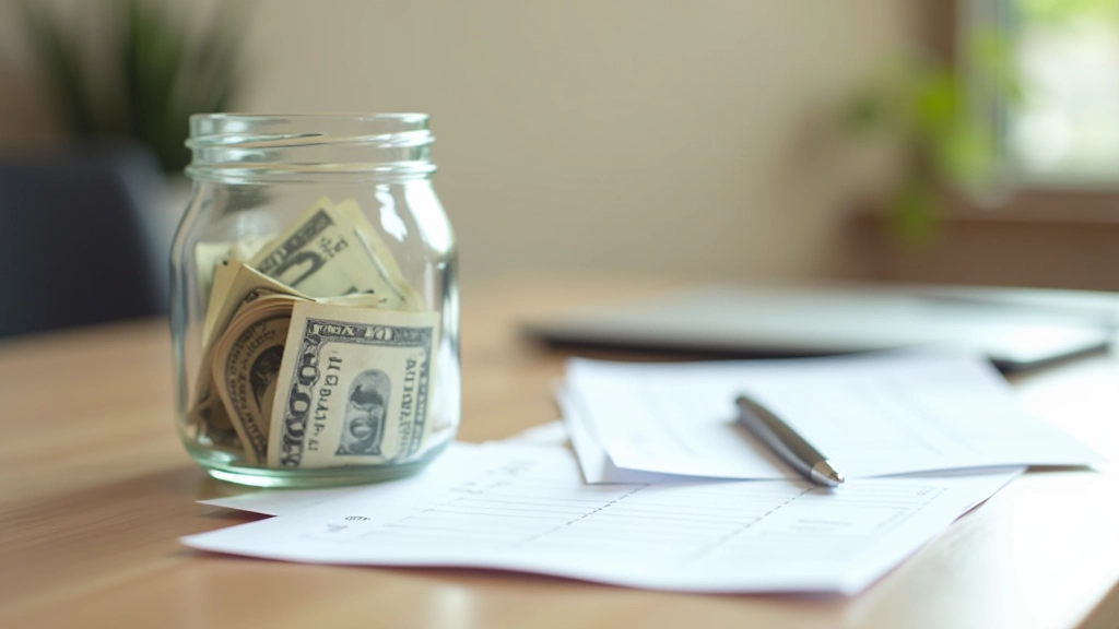 Clear glass jar partially filled with coins and dollar bills