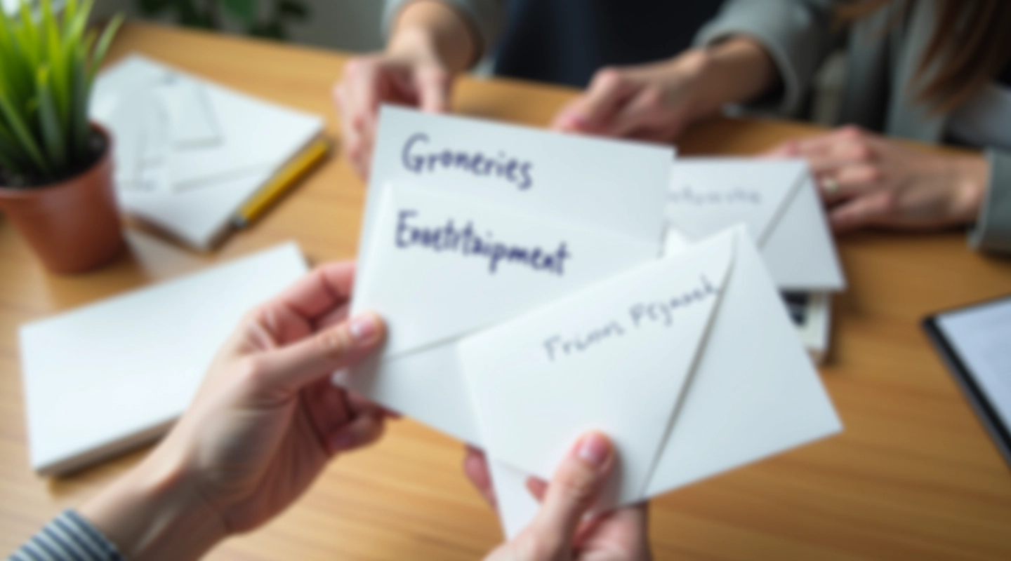 Hands organizing physical white envelopes labeled with budget categories