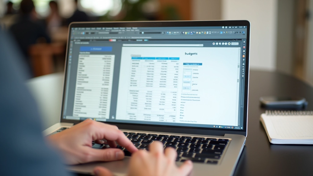Spreadsheet on laptop screen showing budget categories and amounts, person's hand holding stylus, desk workspace with notebooks