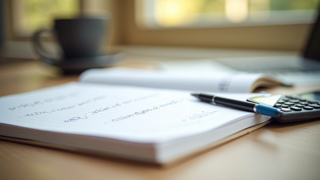 Notebook with budget calculations and calculator on wooden desk with morning light