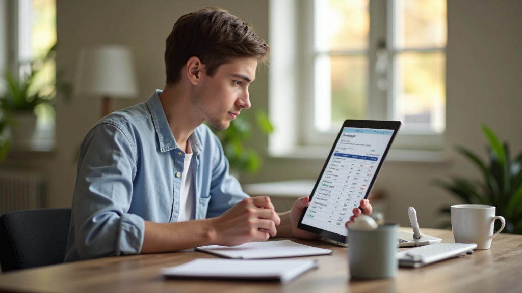 Person working at laptop reviewing budget spreadsheet with income and expense columns