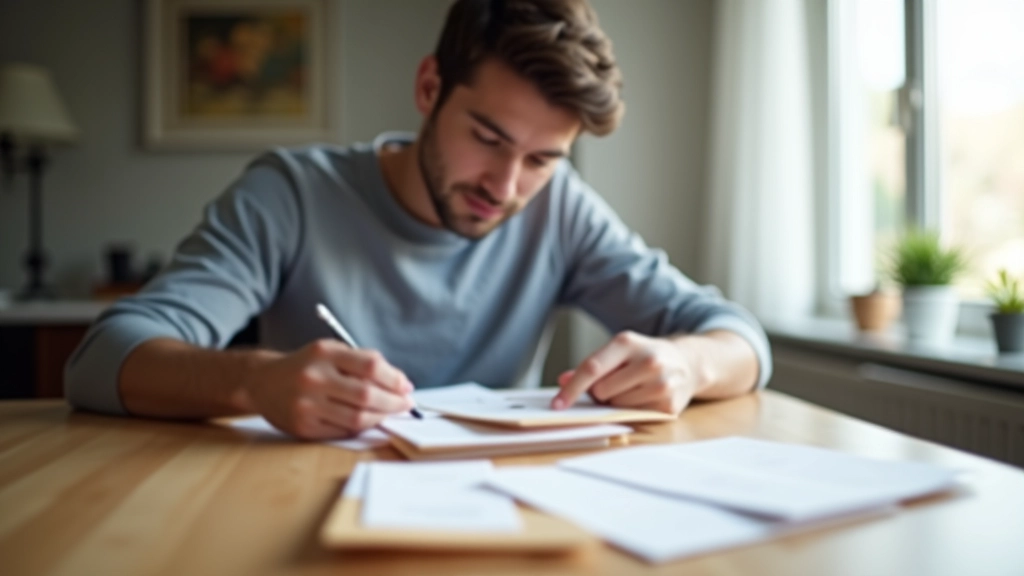 Person categorizing expenses into labeled envelope system at dining table with organized papers