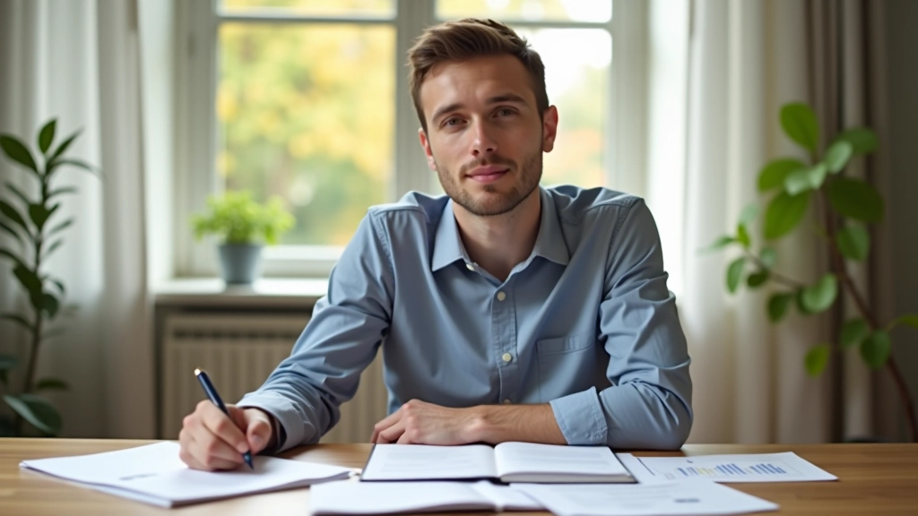 Person reviewing financial documents and emergency savings plan at home desk with notebook