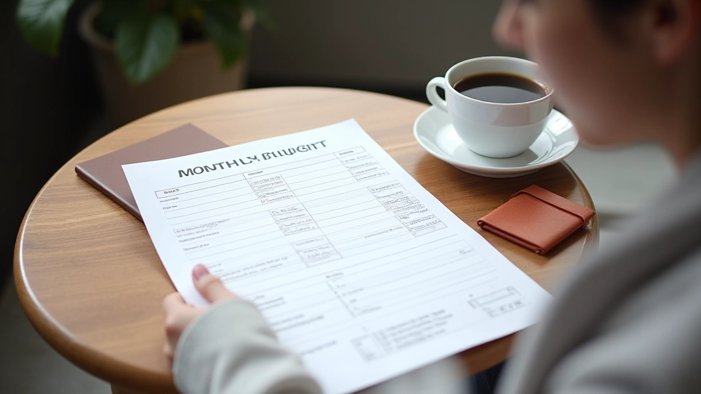 Person pointing at printed budget report on wooden table, coffee cup and pen visible, overhead view with natural window light